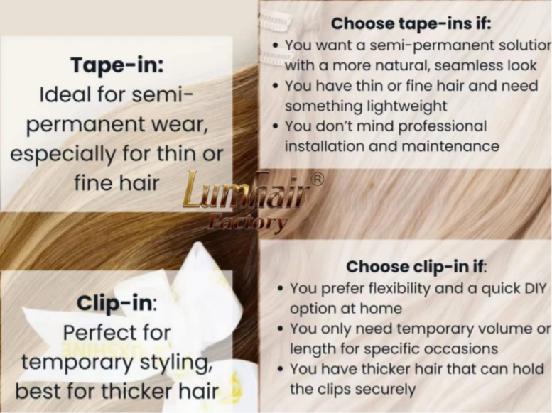 Tape-in ​​versus clip-in haarextensies versus handgebonden inslag